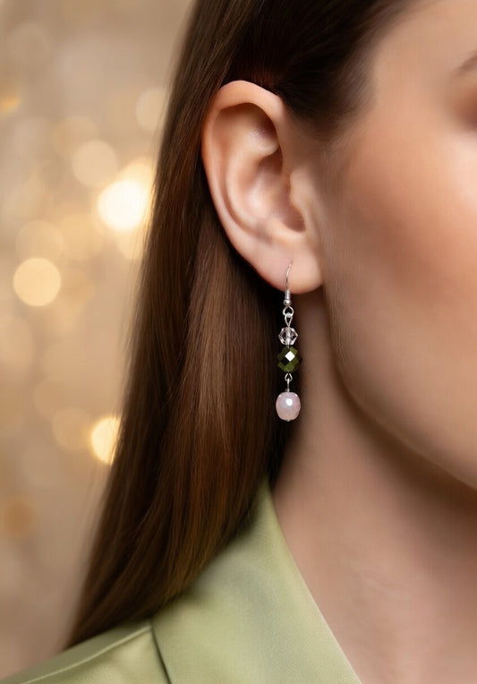 Czech Glass Pink and Iridescent Green Crystal Dangle Earrings
