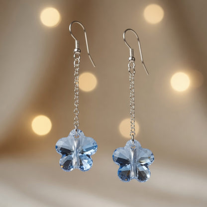 Swarovski Crystal Marine Blossom Blue Flower Long Dangle Drop Earrings