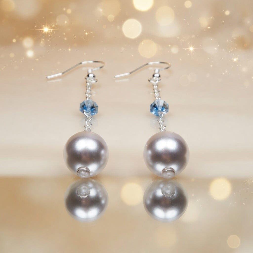 Czech Glass Long Pearl Drop Earrings Blue Swarovski Crystal Silver Chain Dangle