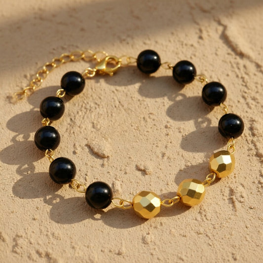 Czech Glass Black Gold Beaded Bracelet Golden Twilight