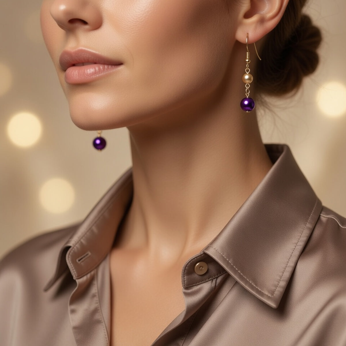 Czech Glass  Purple Gold Pearl Dangle Earrings