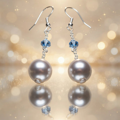 Czech Glass Long Pearl Drop Earrings Blue Swarovski Crystal Silver Chain Dangle
