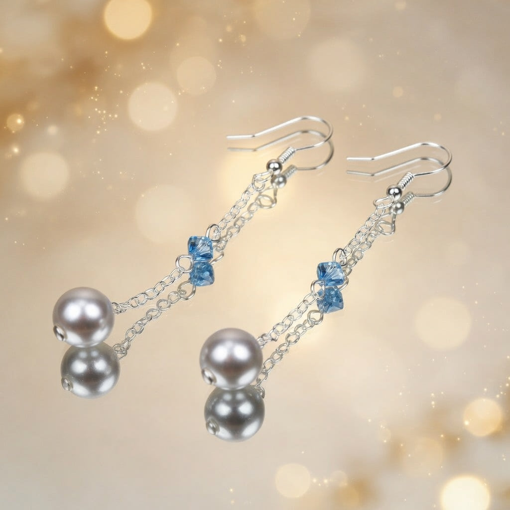 Czech Glass Long Pearl Drop Earrings Blue Swarovski Crystal Silver Chain Dangle