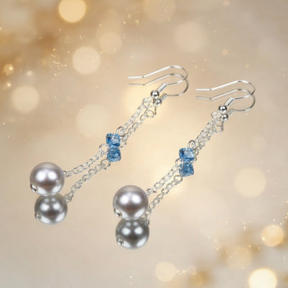 Czech Glass Long Pearl Drop Earrings Blue Swarovski Crystal Silver Chain Dangle