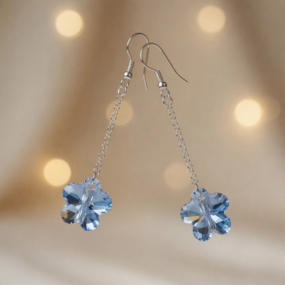 Swarovski Crystal Marine Blossom Blue Flower Long Dangle Drop Earrings