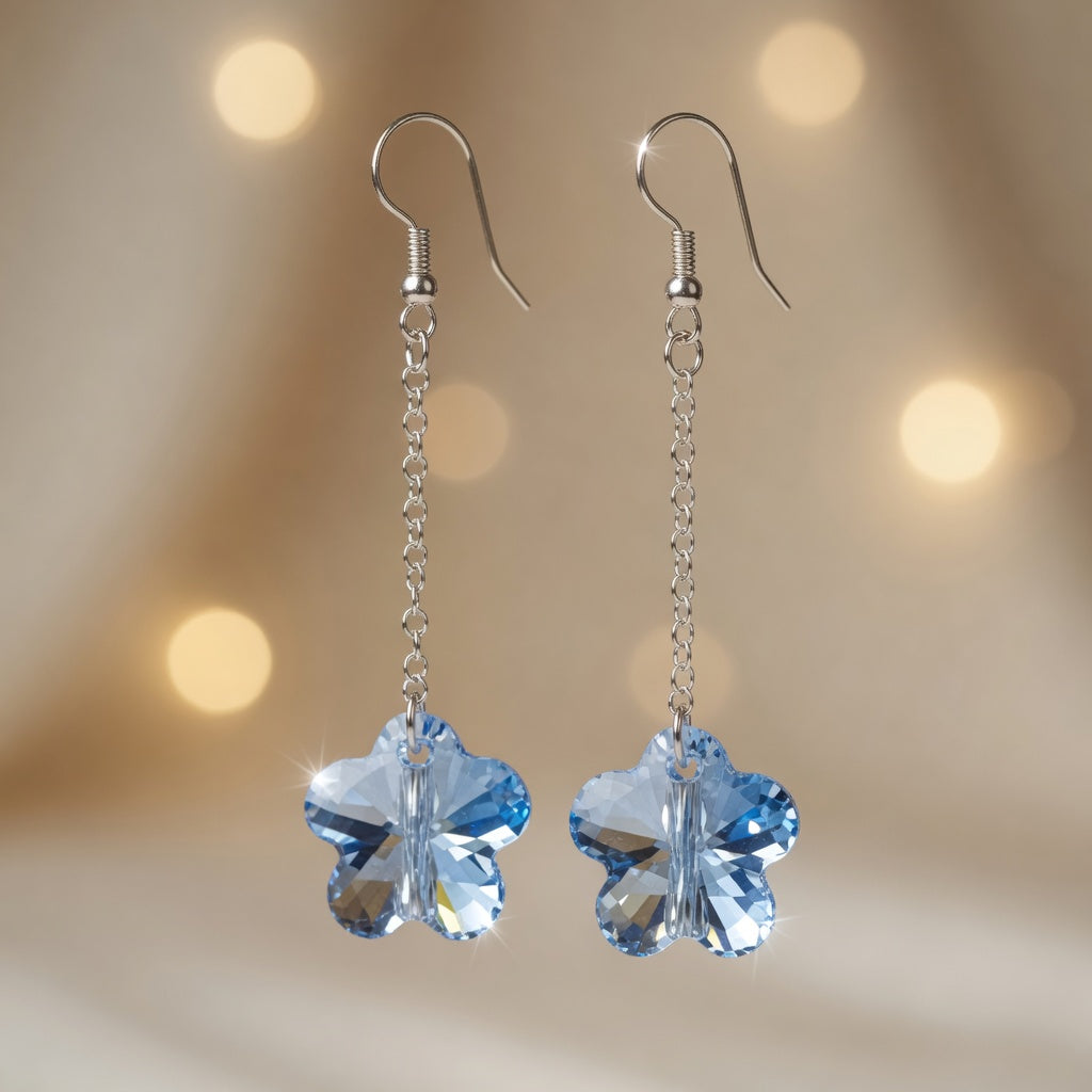 Swarovski Crystal Marine Blossom Blue Flower Long Dangle Drop Earrings