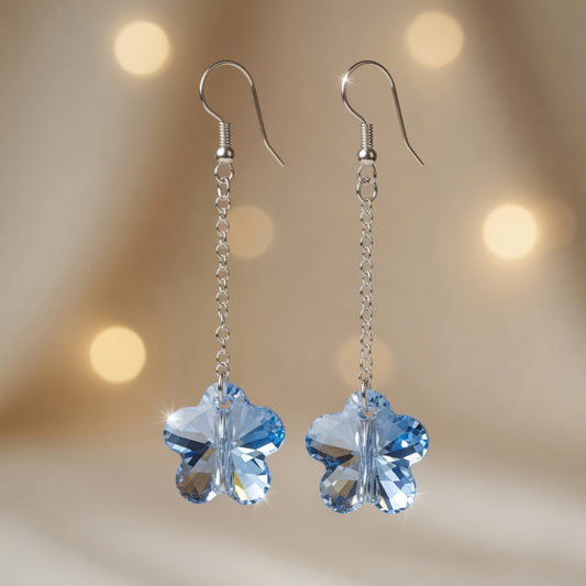 Swarovski Crystal Marine Blossom Blue Flower Long Dangle Drop Earrings