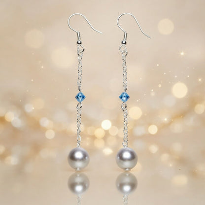 Czech Glass Long Pearl Drop Earrings Blue Swarovski Crystal Silver Chain Dangle