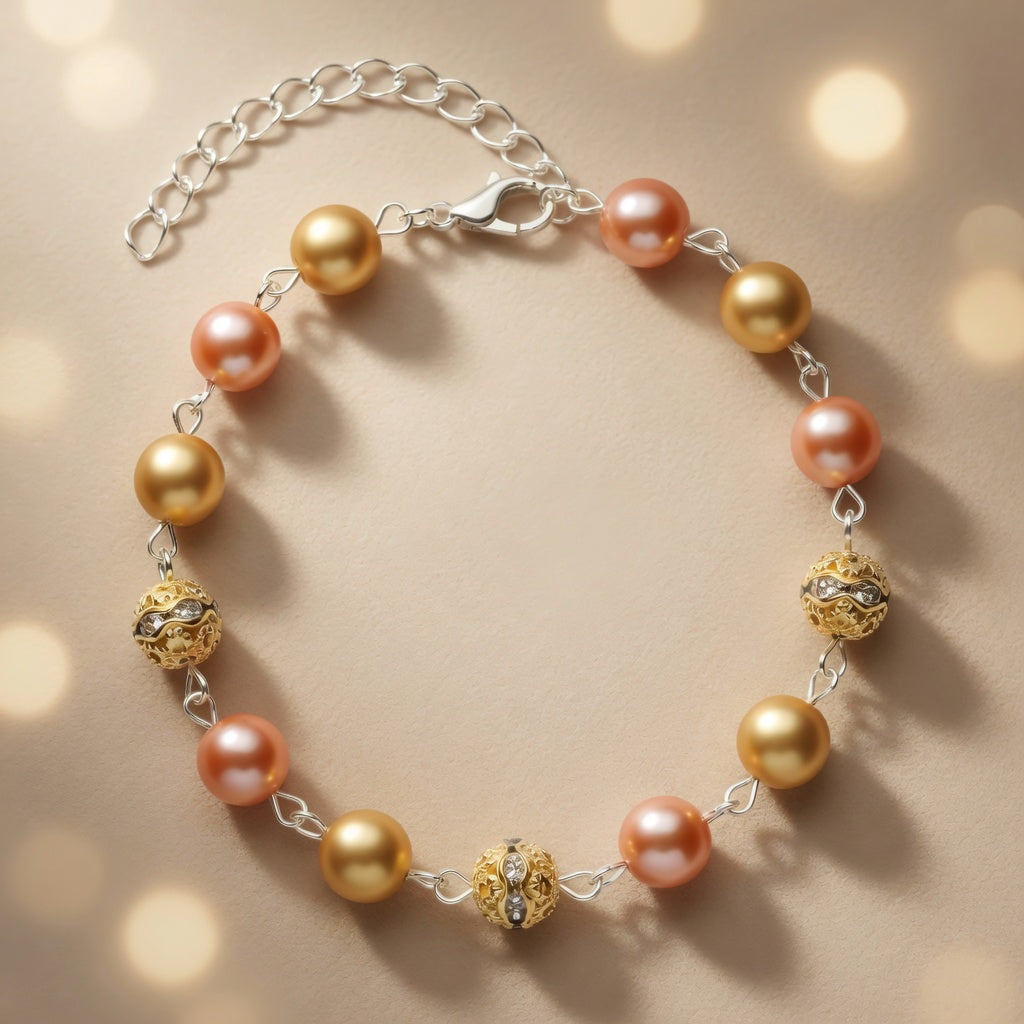 Czech Glass Glow of Bohemian Pearls Pink Gold Filigree Boho Bracelet