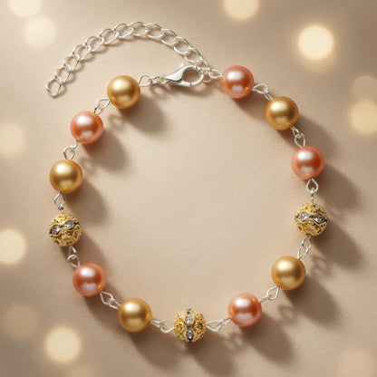Czech Glass Glow of Bohemian Pearls Pink Gold Filigree Boho Bracelet