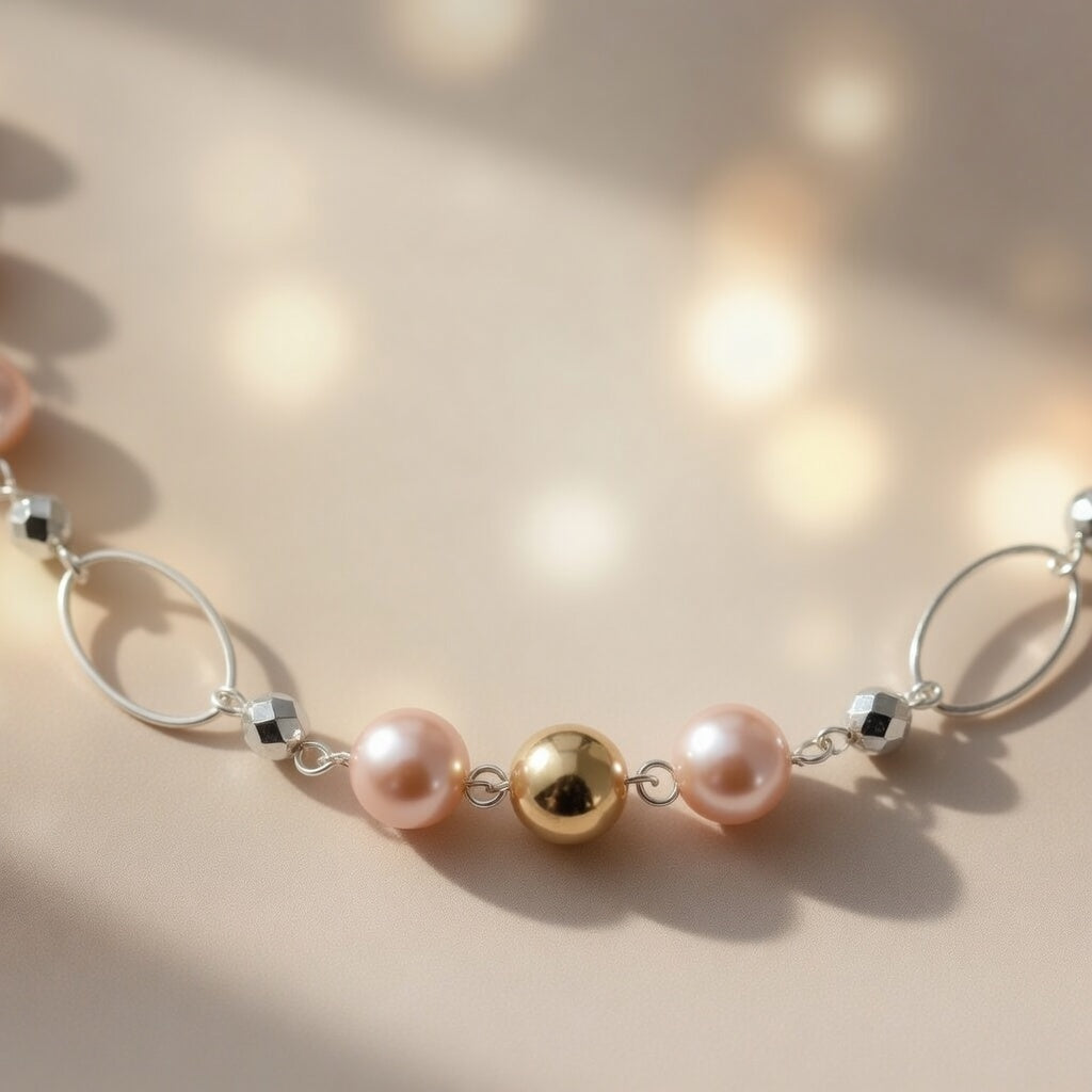 Czech Glass Peach Pearl Dawn Silver Oval Chain Boho Necklace