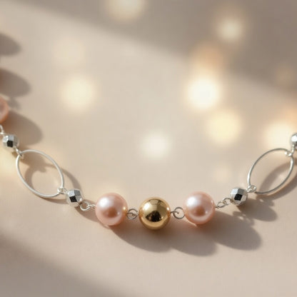 Czech Glass Peach Pearl Dawn Silver Oval Chain Boho Necklace