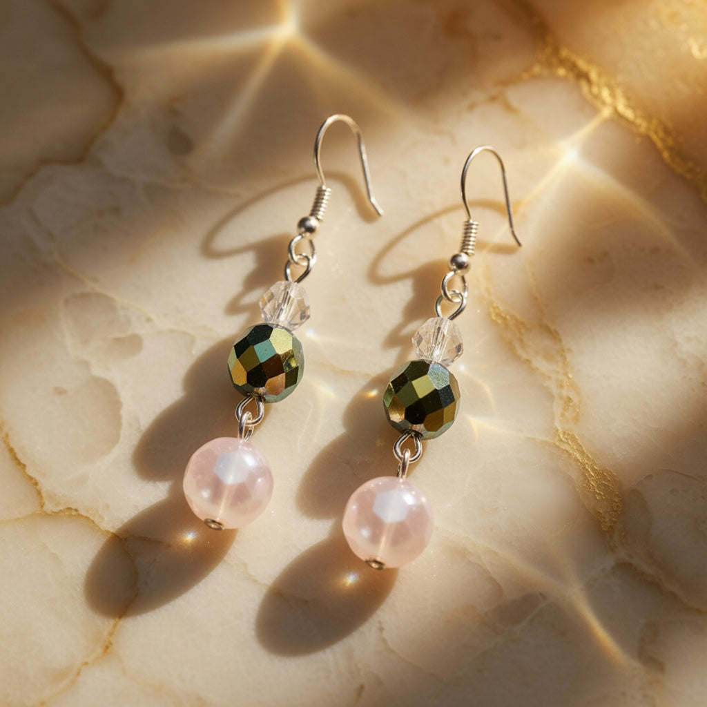 Czech Glass Pink and Iridescent Green Crystal Dangle Earrings
