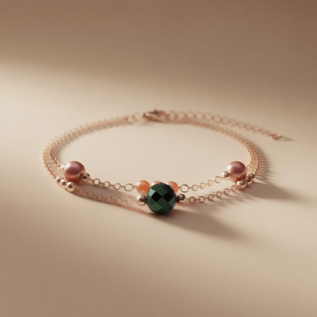 Orange Pearl Bracelet Green Czech Glass Bead Gold Chain Handmade
