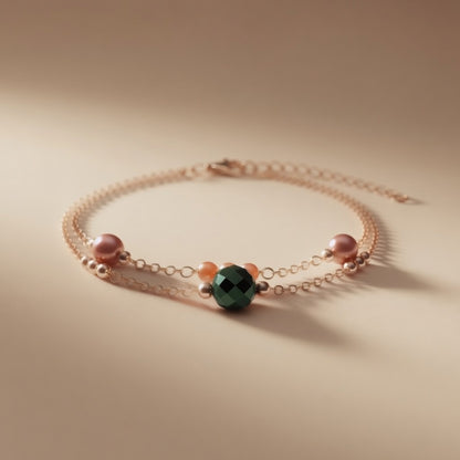 Orange Pearl Bracelet Green Czech Glass Bead Gold Chain Handmade