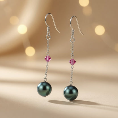 Swarovski Crystal & Czech Glass Emerald Night Green Pearl Dangle Earrings