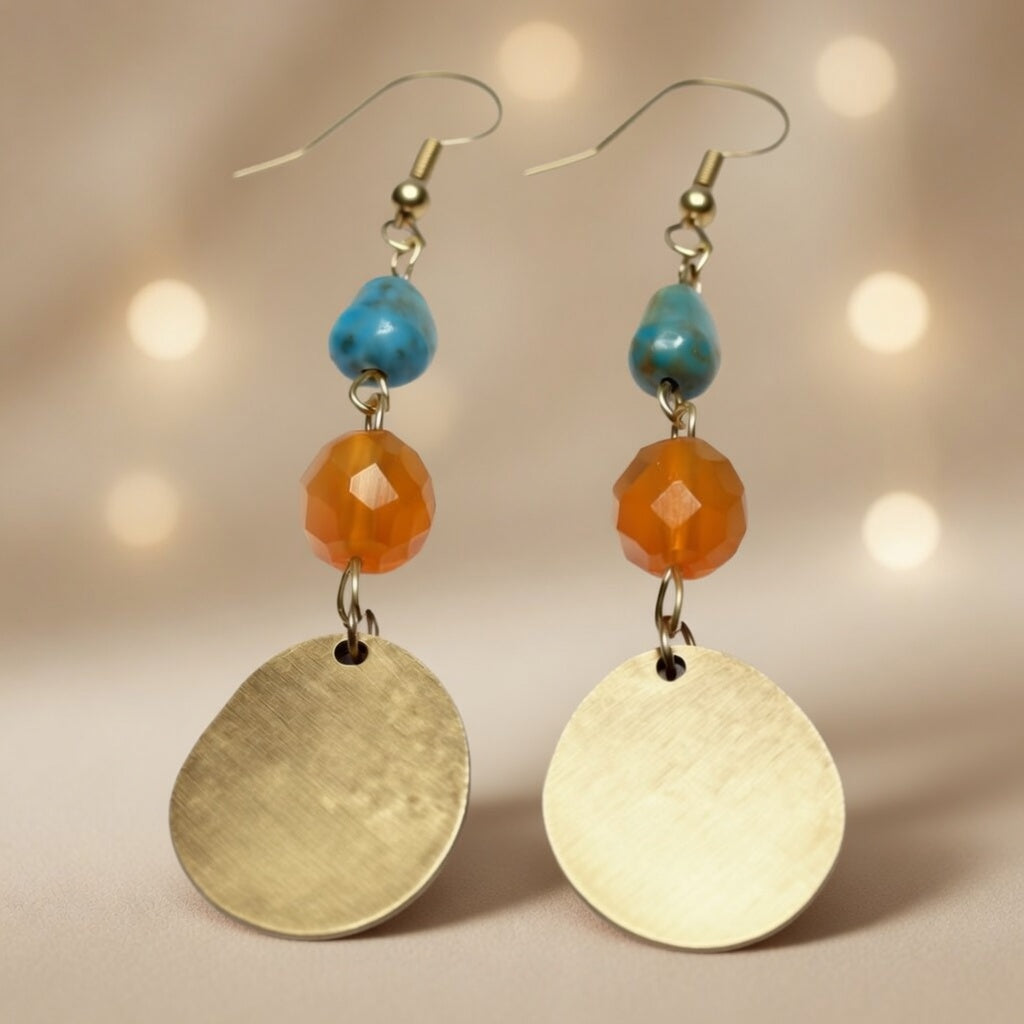 Czech Glass Golden Oasis Boho Turquoise & Glass Amber Beads Earrings