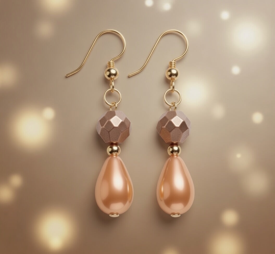 Czech Glass Amber Glow Orange Teardrop Dangle Earrings with Bronze Bead