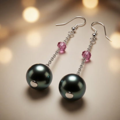 Swarovski Crystal & Czech Glass Emerald Night Green Pearl Dangle Earrings