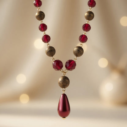 Czech Glass Burgundy Whisper of Passion Beads Teardrop Necklace