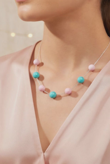 Czech Glass Necklace Pink Whisper of Turquoise