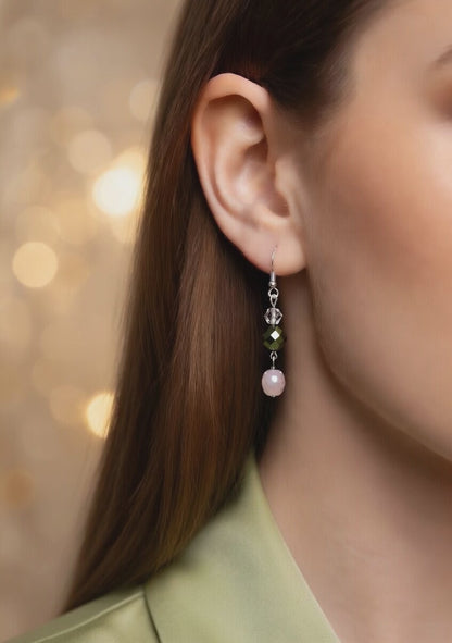 Czech Glass Pink and Iridescent Green Crystal Dangle Earrings