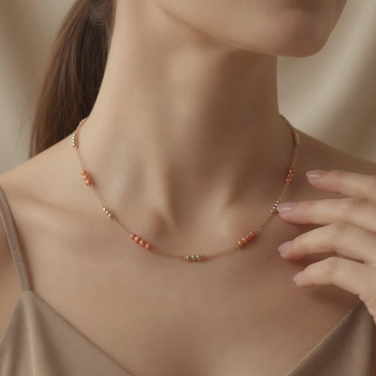 Czech Glass Peach Pearl Glow Chain Necklace Minimalist Layering Beaded Necklace