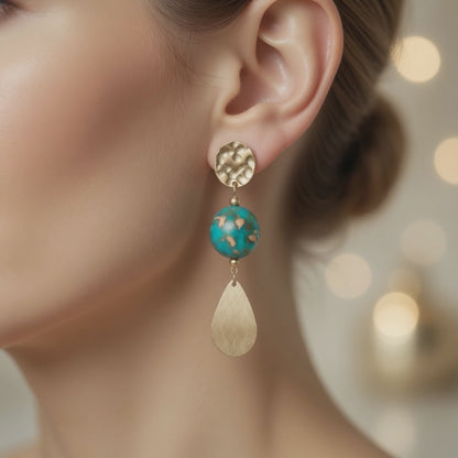 Czech Glass Golden Turquoise Dangle Earrings Gold Hammered Teardrop