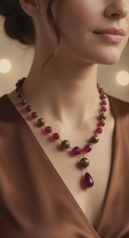 Czech Glass Burgundy Whisper of Passion Beads Teardrop Necklace