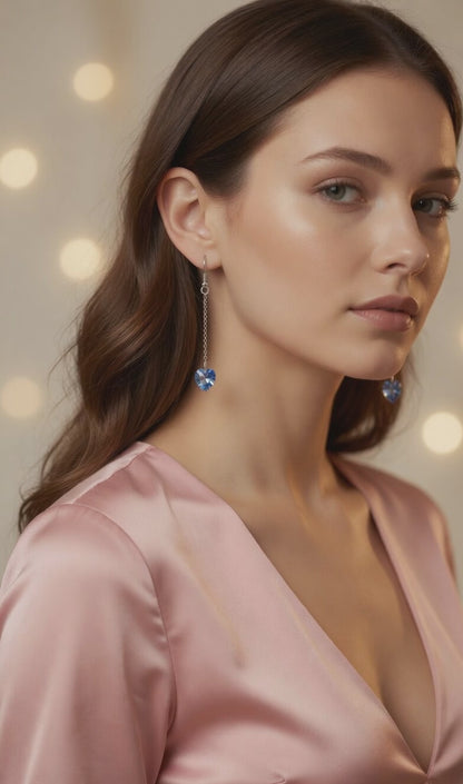 Swarovski Crystal Blue Heart Long Dangle Azure Flight Drop Earrings