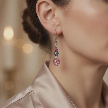 Pink Teal Crystal Drop Czech Glass & Swarovski Crystal Dangle Earrings