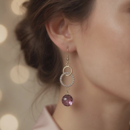 Purple Czech Glass Dangle Earrings Gold Crystal Linked Circle Drop Earrings