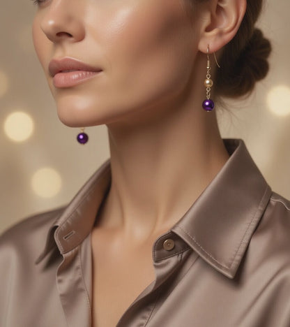 Czech Glass  Purple Gold Pearl Dangle Earrings