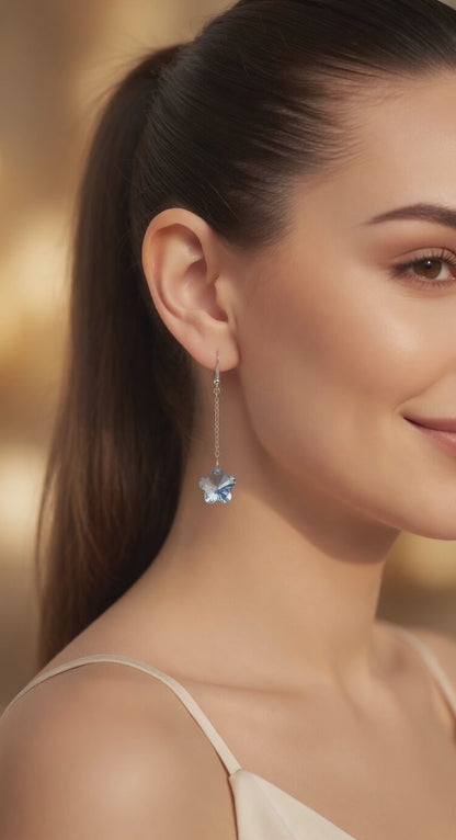 Swarovski Crystal Marine Blossom Blue Flower Long Dangle Drop Earrings