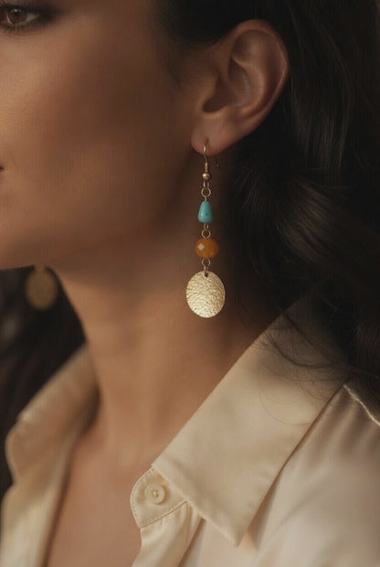 Czech Glass Golden Oasis Boho Turquoise & Glass Amber Beads Earrings