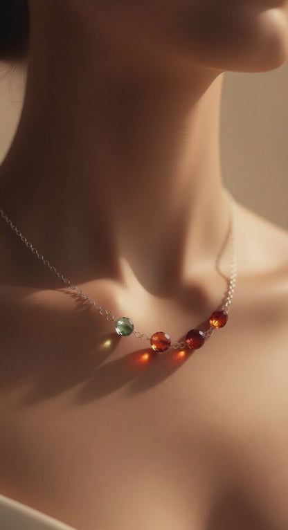 Ember of the Grove Dainty Czech Glass Bead Necklace with Green & Amber Faceted Beads
