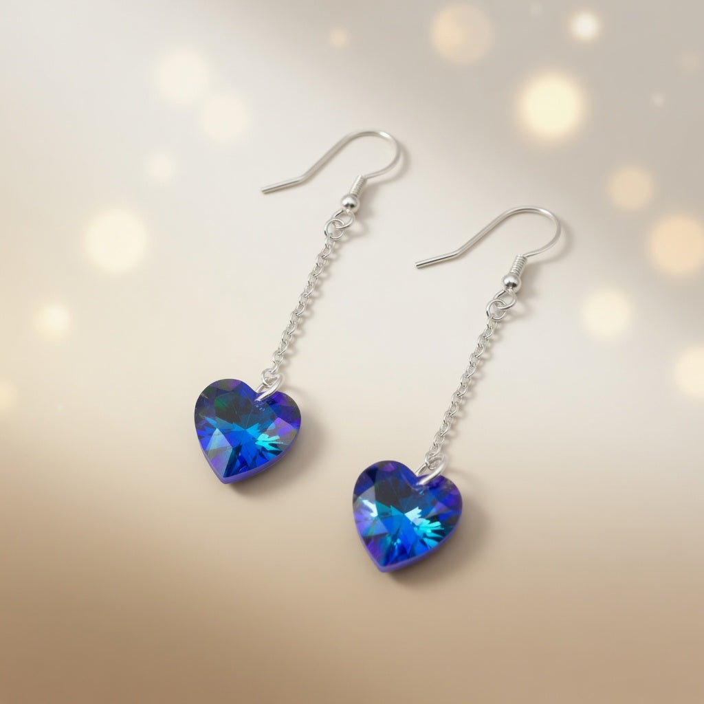 Swarovski Crystal Ocean Sapphire Blue Heart Dangle Earrings