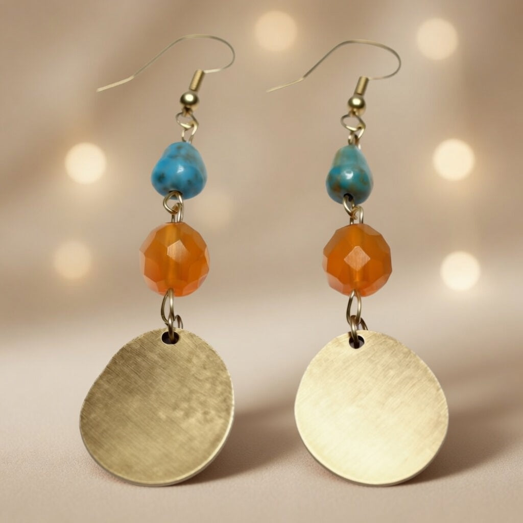 Czech Glass Golden Oasis Boho Turquoise & Glass Amber Beads Earrings