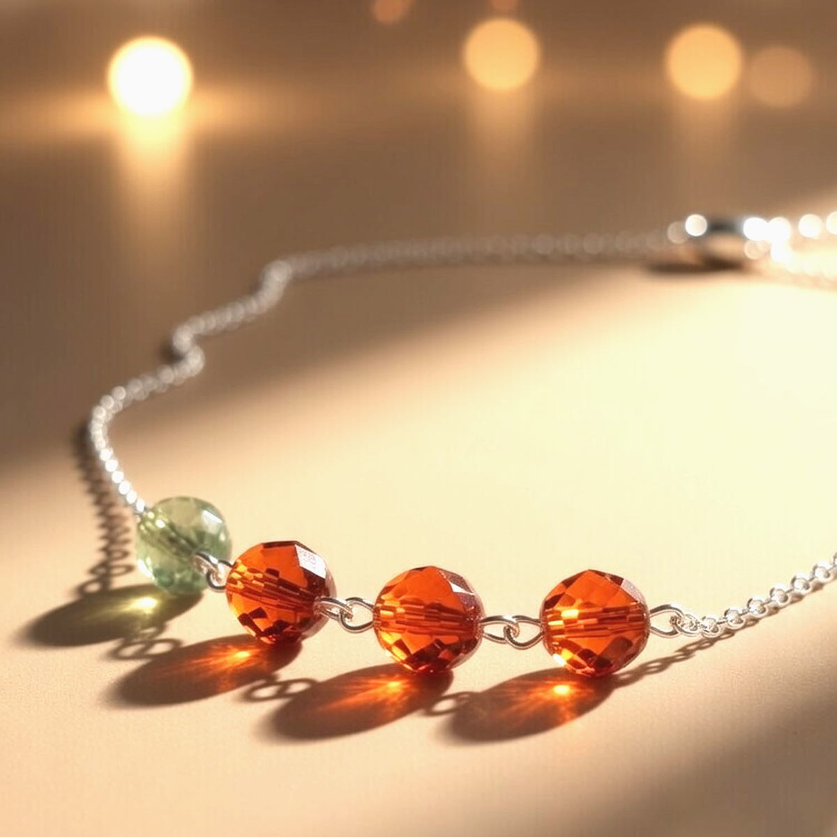 Ember of the Grove Dainty Czech Glass Bead Necklace with Green & Amber Faceted Beads