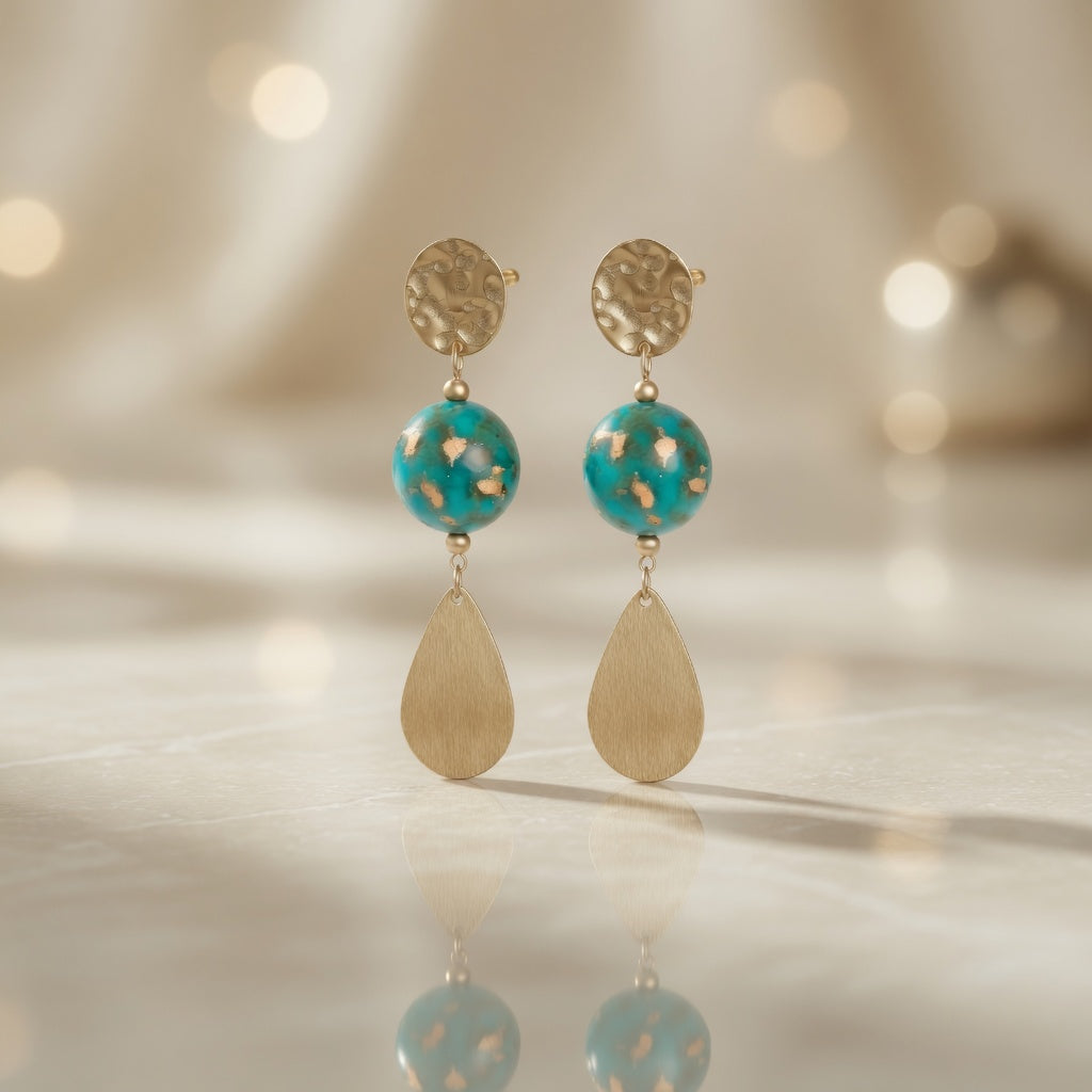 Czech Glass Golden Turquoise Dangle Earrings Gold Hammered Teardrop