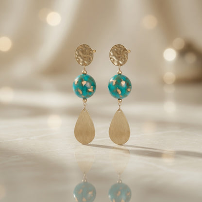 Czech Glass Golden Turquoise Dangle Earrings Gold Hammered Teardrop