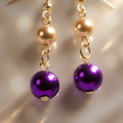 Czech Glass  Purple Gold Pearl Dangle Earrings